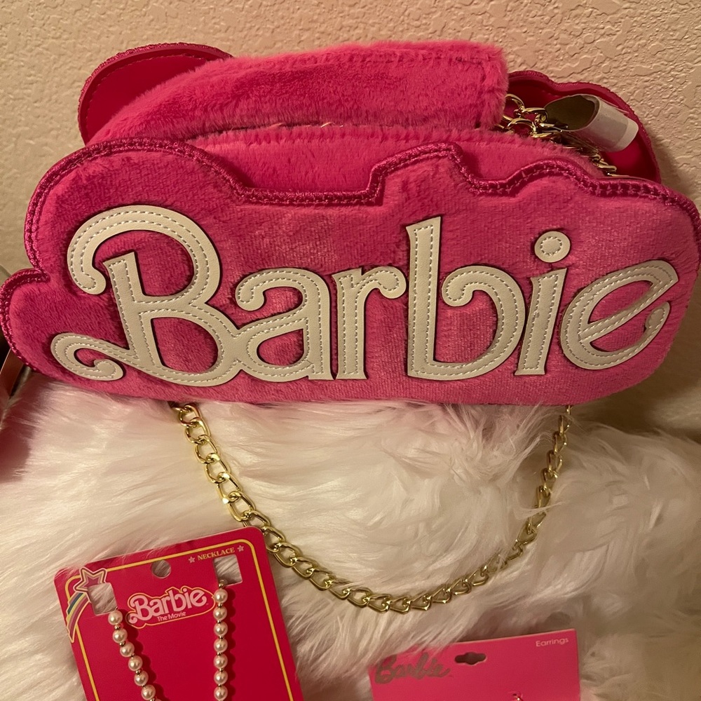NWT Barbie Hot Pink Fuzzy Mini Crossbody Bag, Barbie Cowboy Hat Earrings - Picture 7 of 11
